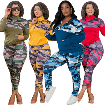 C7180 Womens Two Piece Tracksuits Long Sleeve Camo Print Fall Two Pieces Plus Size Jogger Tracksuit Set Women Pants Set